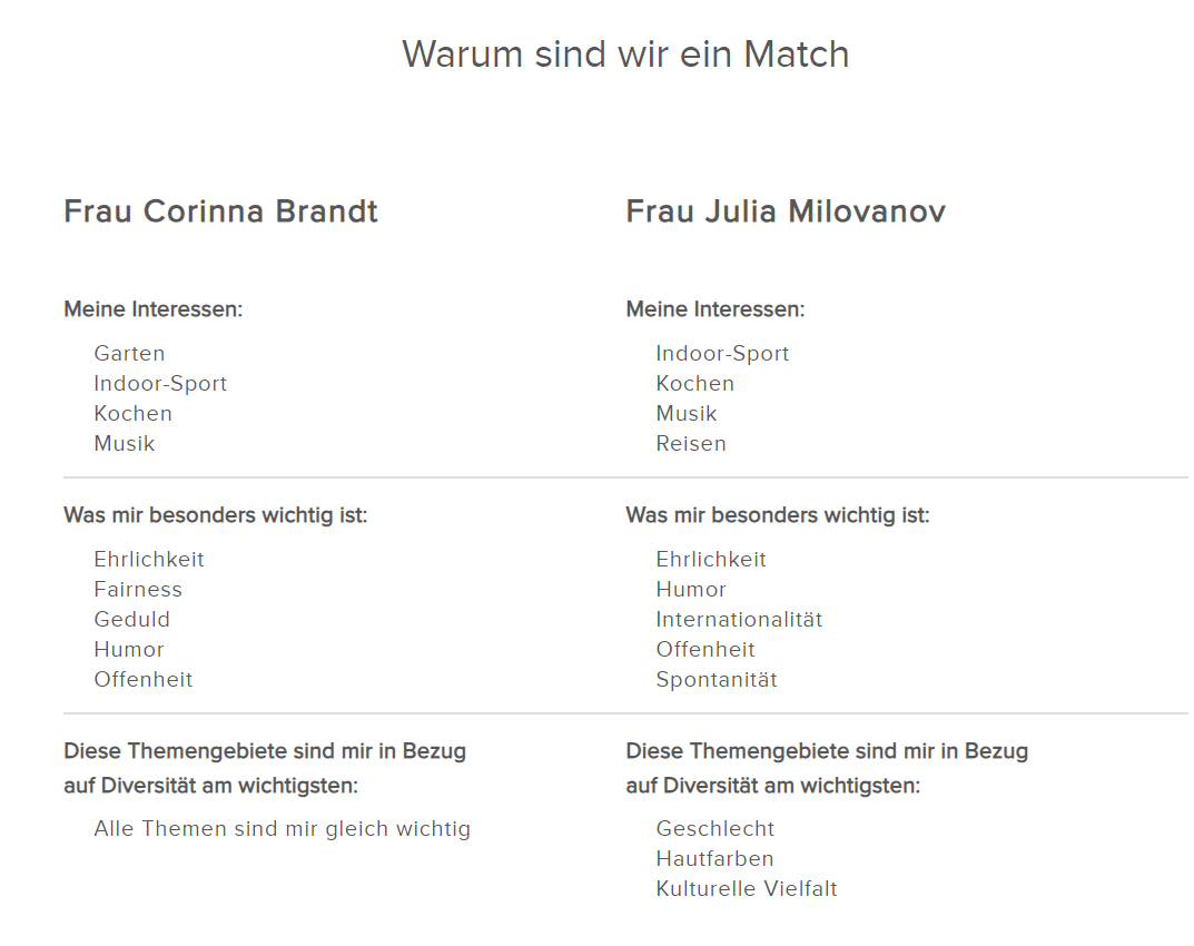 Why-we-match Ansicht eines Tandems_Q_Buddy Matching Ansicht der übereinstimmenden Kriterien eines Matches